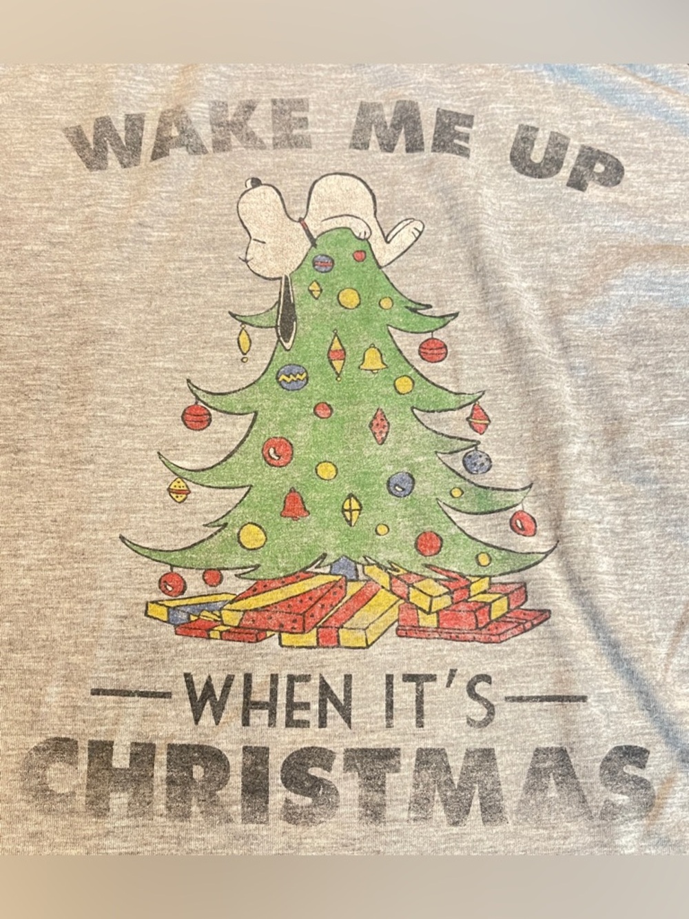 Peanuts Snoopy Wake Me Up When It’s Christmas Raglan Shirt Black Gray Large Wome
